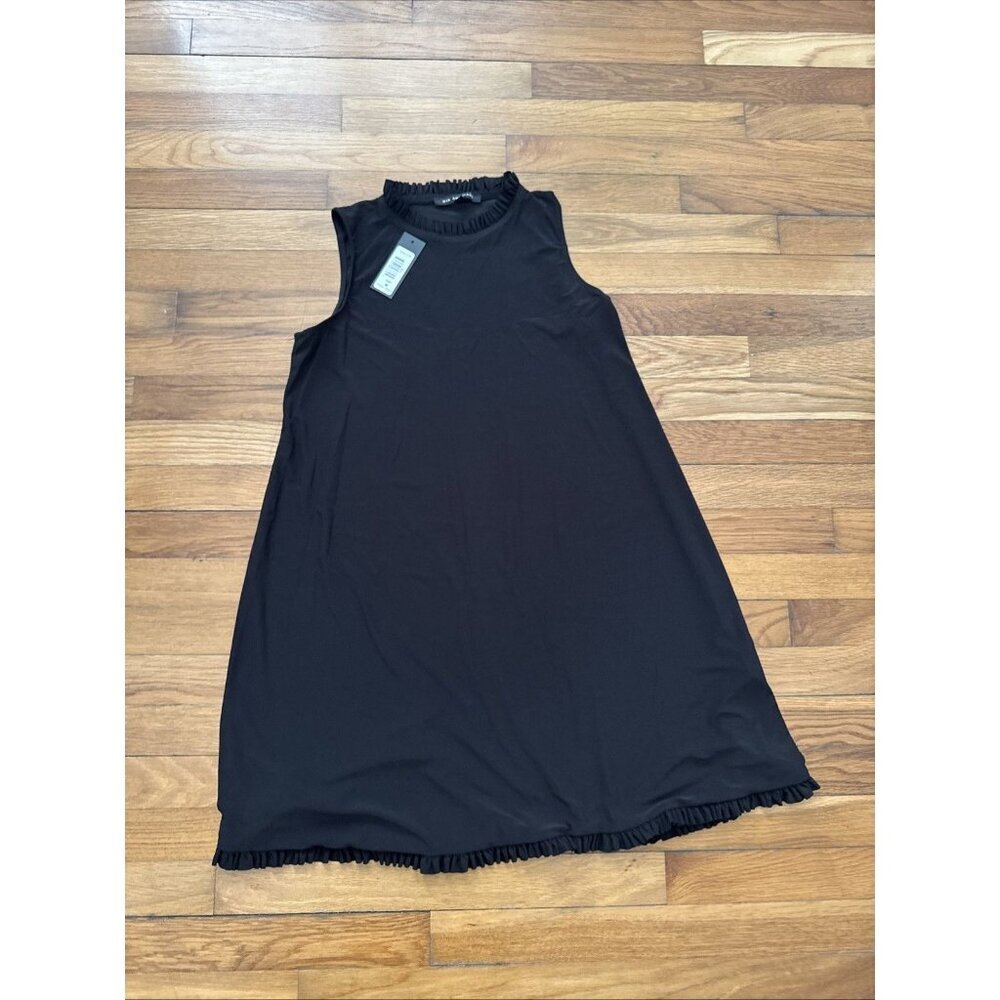 Nik and Nash Black Jersey Shift Dress Stretch Ruffled Hem Neckline Size M